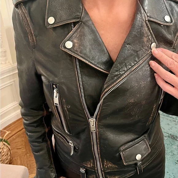 Saint Laurent Black Leather Biker Jacket with No Smoking Jacket Graphic